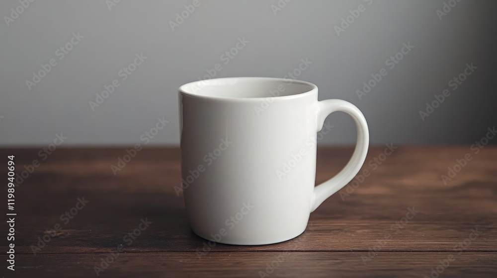 Poster white coffee mug on a wooden table with gray background showing copy space for text or branding