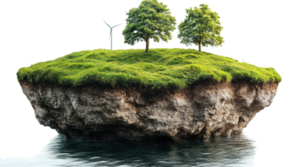 floating green grass island with 3 wind turbine isolated on white background