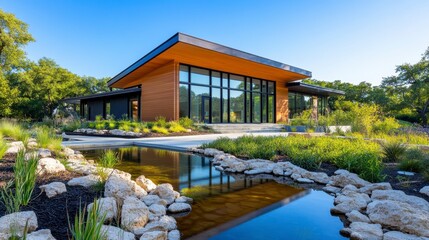 Contemporary house with large windows and landscaping by water