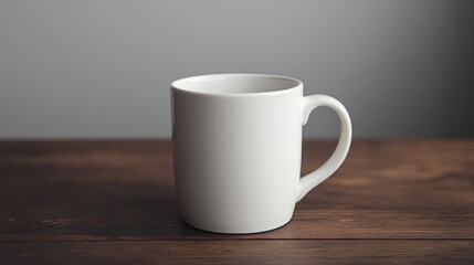 White coffee mug on a wooden table with gray background showing copy space for text or branding