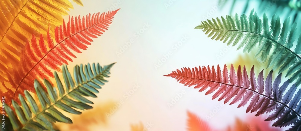 Aufkleber vibrant nature background featuring colorful ferns in shades of green red and orange with soft gradi