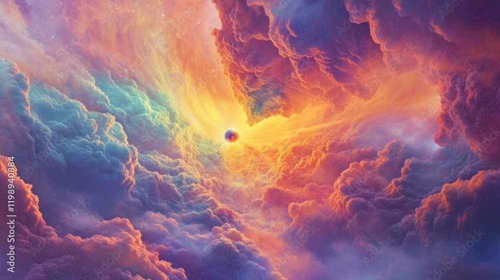 Poster colorful cosmic cloud formation with central light source and gradual transition in tones copy space