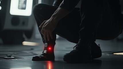 Person crouching, adjusting ankle device with red light.