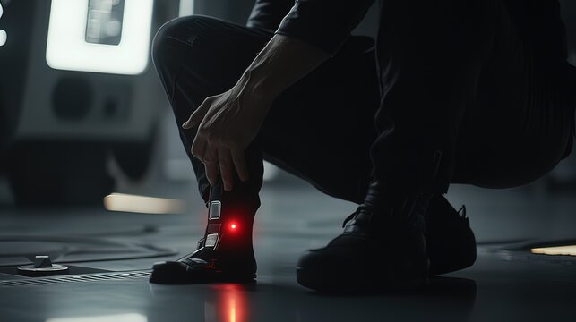 Person crouching, adjusting ankle device with red light.