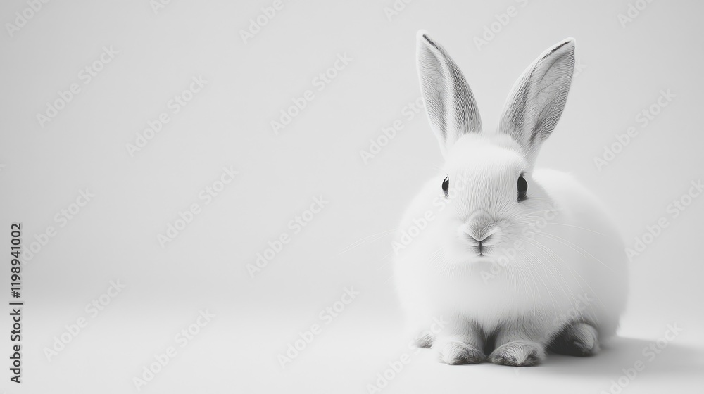 Poster cute white rabbit sitting on white background with soft shadows and copy space for text.