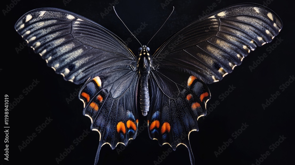 Poster close up of a vibrant black and orange butterfly with intricate wing patterns on a dark background s