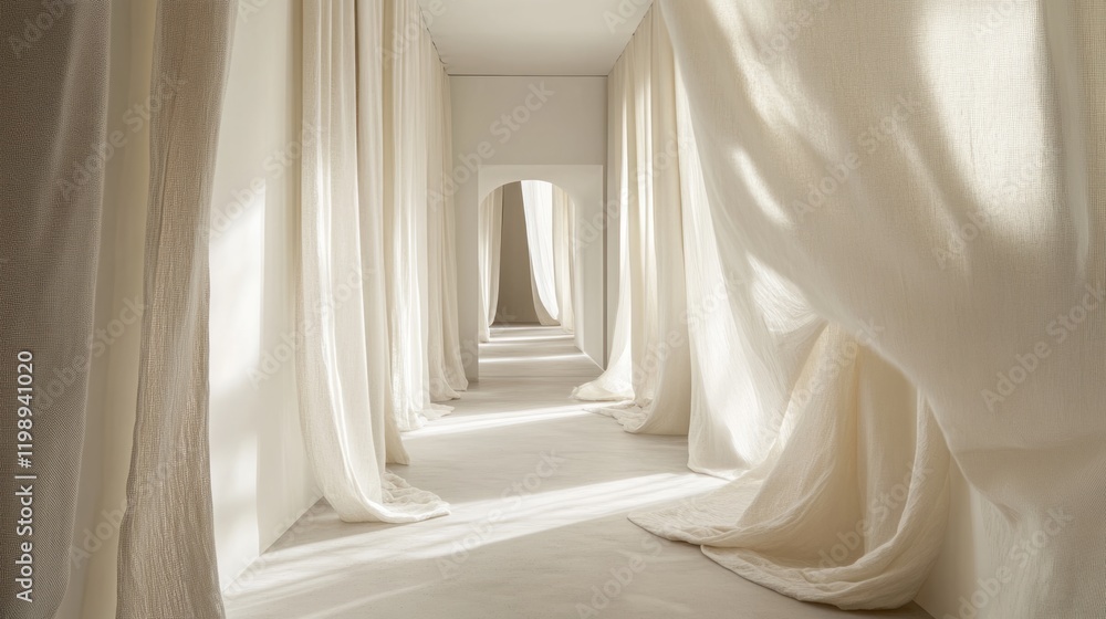 Aufkleber interior corridor with white draped fabric creating soft light and shadows, minimalist design and co