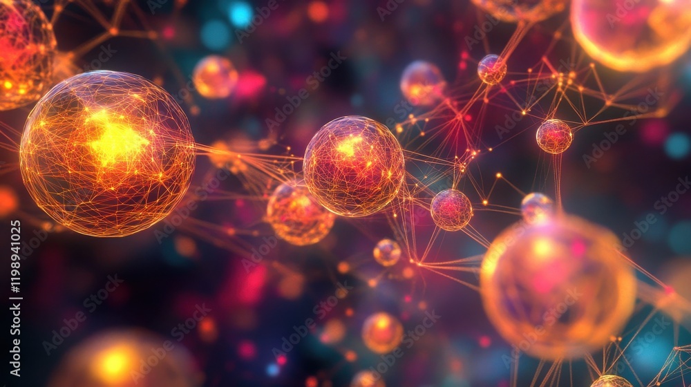 Poster abstract background of glowing connection network and interconnected spheres