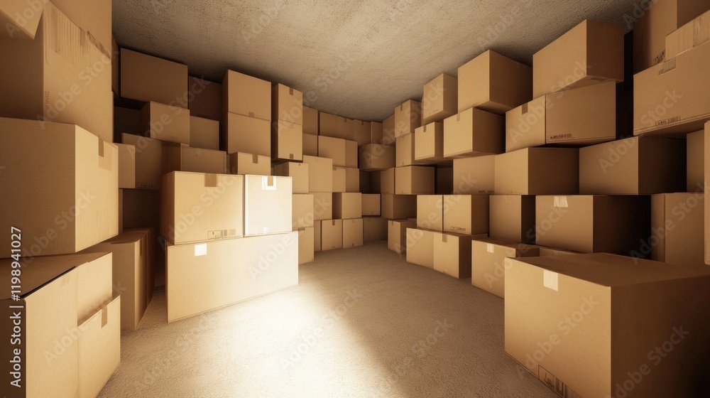 Poster cardboard boxes stacked in a storage room with lighting creating shadows and highlighting textures c