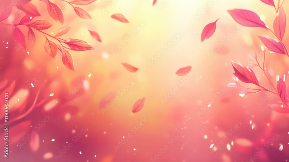 Poster autumn leaves falling in soft focus with warm pastel background and copy space for text design