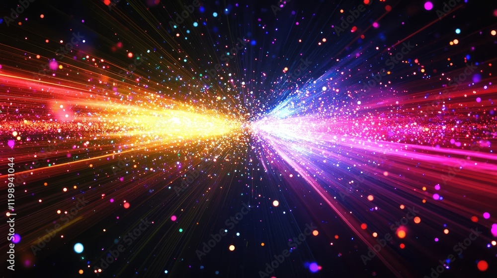 Poster abstract background of colorful light rays and sparkling particles in motion with dark backdrop, fea