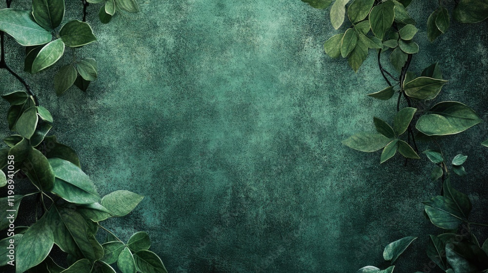Poster green textured background with leafy borders and ample copy space for text insertion.