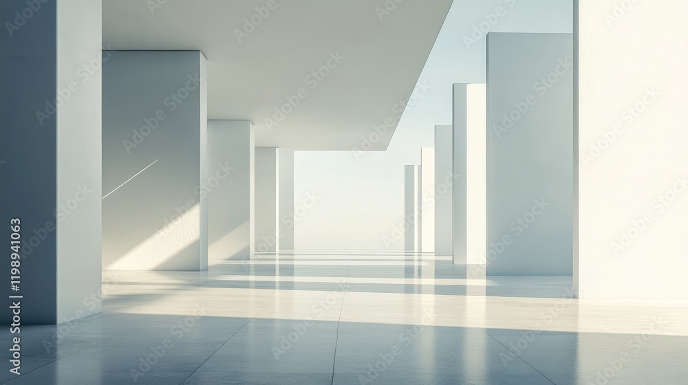 Poster minimalist architectural interior with tall white columns and expansive windows creating natural lig