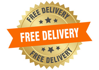 free delivery. free delivery round orange and gold label isolated on transparent background