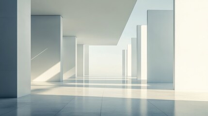 Obraz premium Minimalist architectural interior with tall white columns and expansive windows creating natural light and shadows Copy Space