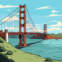 Golden Gate Bridge. Golden Gate Bridge hand-drawn comic illustration. Vector doodle style cartoon illustration