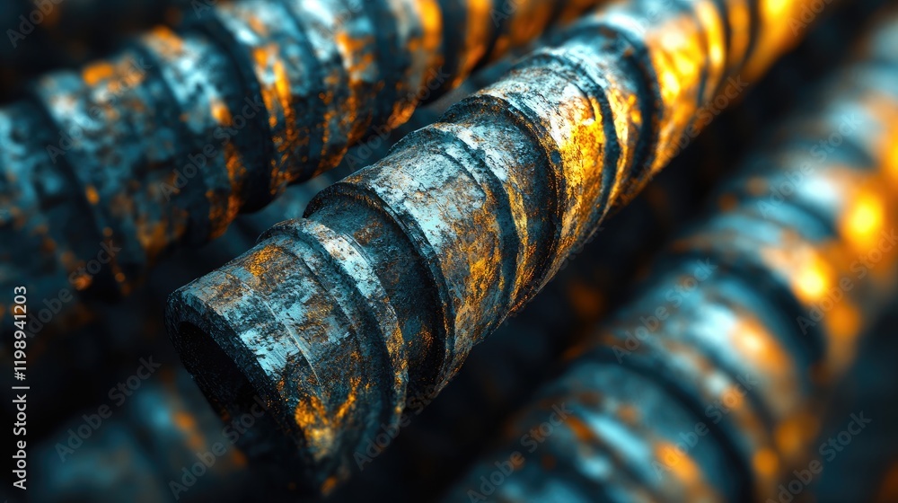 Poster close-up of textured metal rods with an industrial finish showing rust and wear in a dynamic arrange