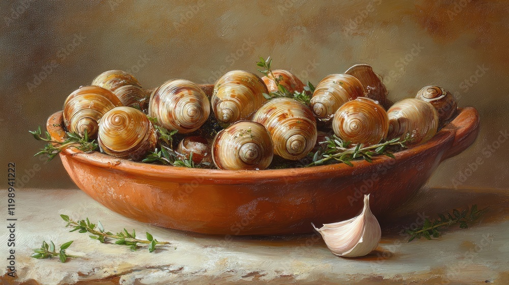 Aufkleber bowl filled with cooked snails garnished with thyme and a clove of garlic on a rustic countertop wit
