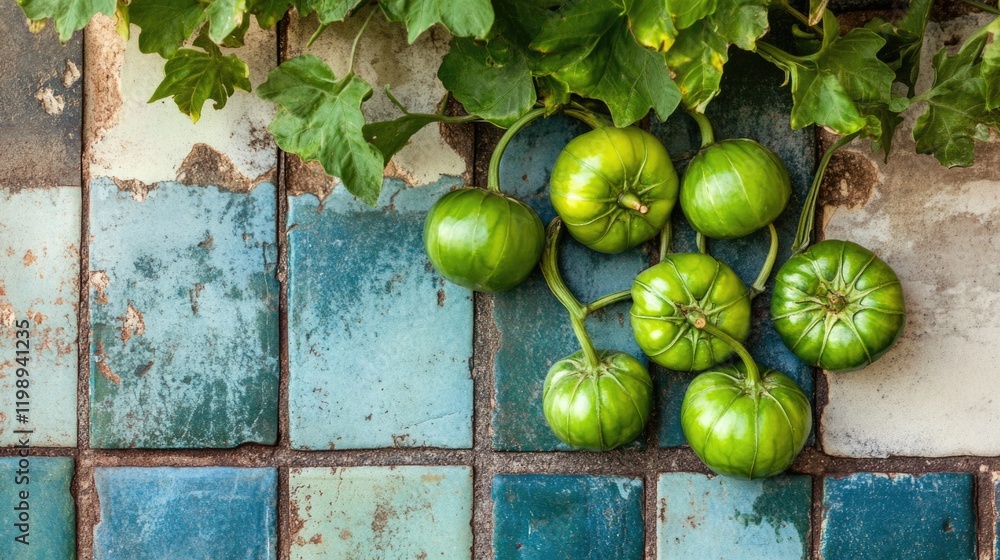 Poster fresh green tomatoes on a rustic tiled background with vibrant colors and textures, ample copy space