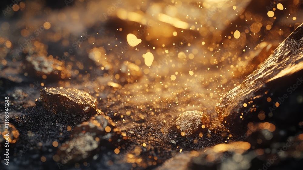 Poster golden water droplets splashing on dark rocks creating a shimmering effect with bokeh highlights and
