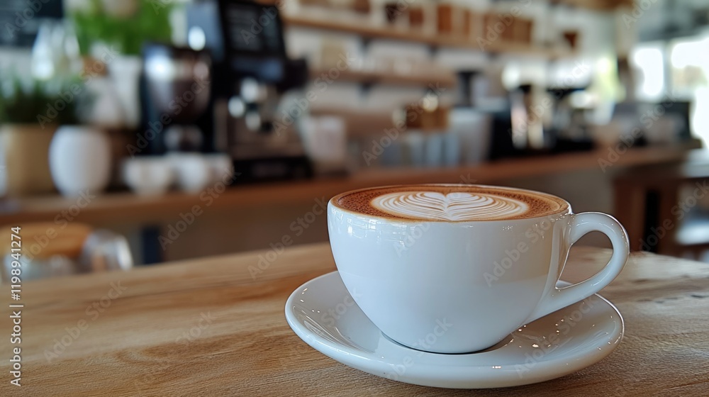 Poster coffee cup on wooden table in modern cafe with blurred background and copy space for text. latte art