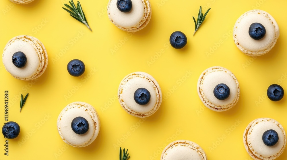 Poster yellow background with macarons and blueberries arranged in pattern with rosemary sprigs and ample c