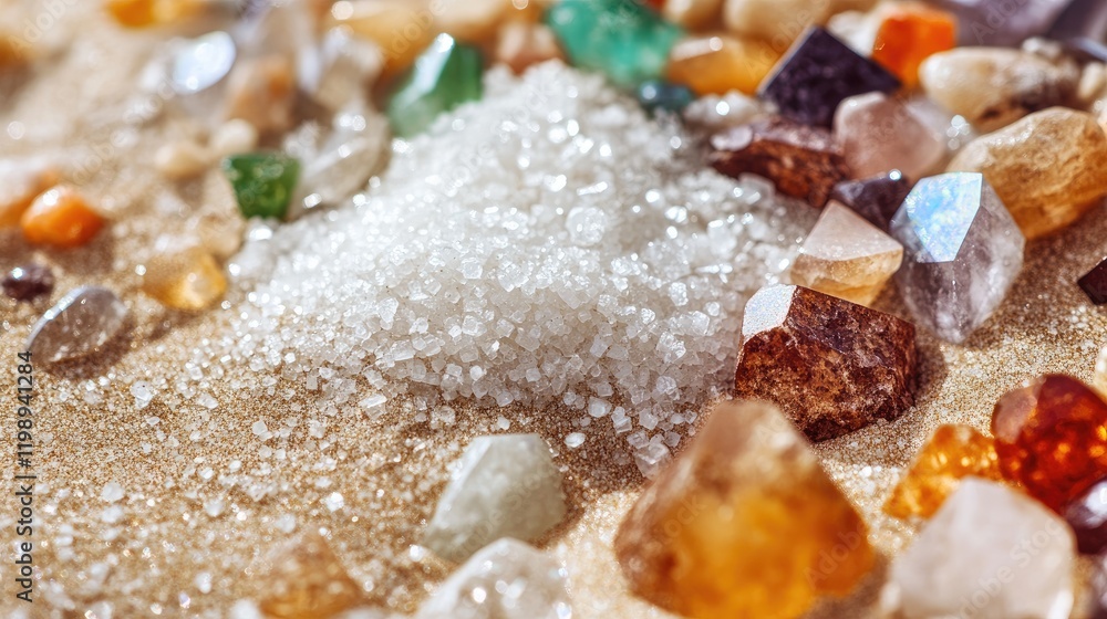 Poster close-up of various colorful gemstones and crystals on textured surface with white crystalline sugar
