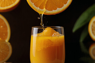 A glass of orange juice with a slice of orange.