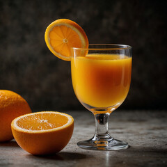 A glass of orange juice with a slice of orange.