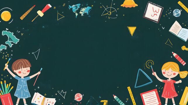 Dark green background, cartoon style border design with children holding chalk and drawing on a blackboard. A cheerful learning or teaching atmosphere in an elementary school class is created by depic