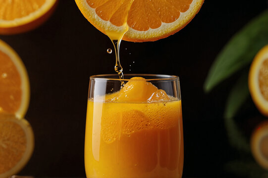 A glass of orange juice with a slice of orange.