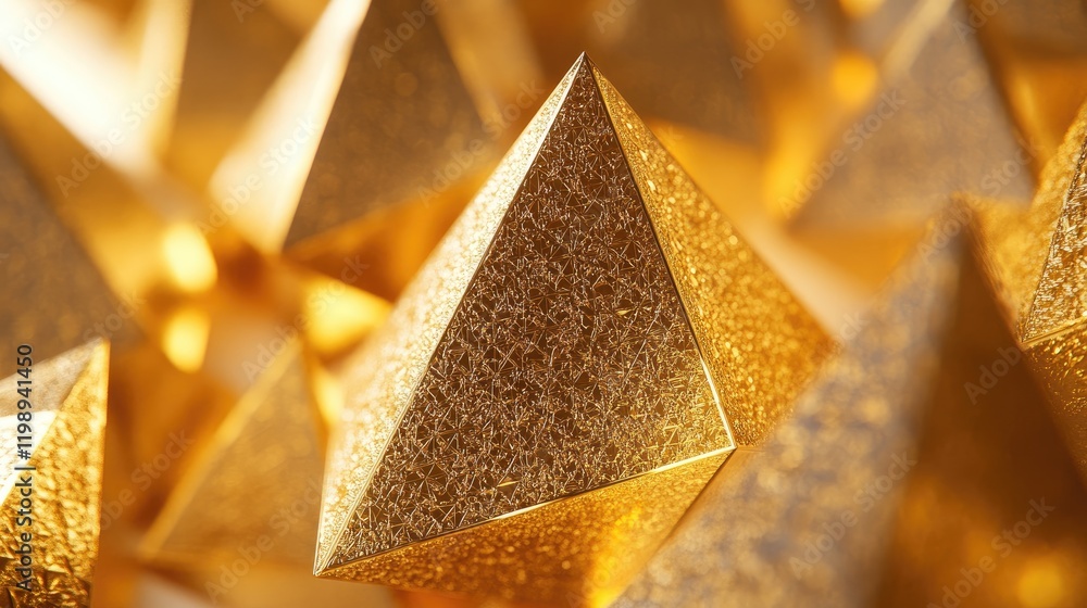 Poster golden pyramid structures in abstract arrangement with textured surfaces and warm lighting, copy spa