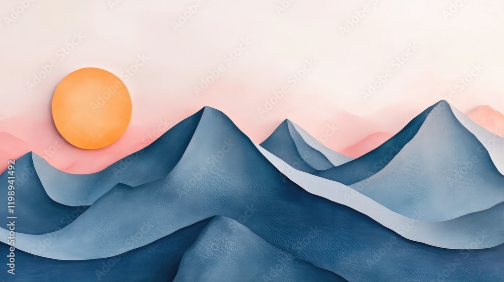 Poster abstract mountain landscape with soft pastel colors and a large sun in the background featuring area
