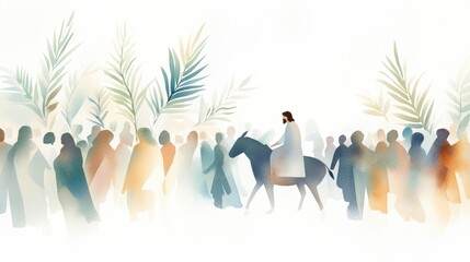 Palm sunday illustration: jesus on donkey with crowd and palm leaves in soft watercolor style