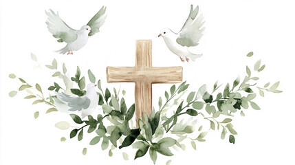 Peaceful doves and wooden cross with greenery in watercolor art