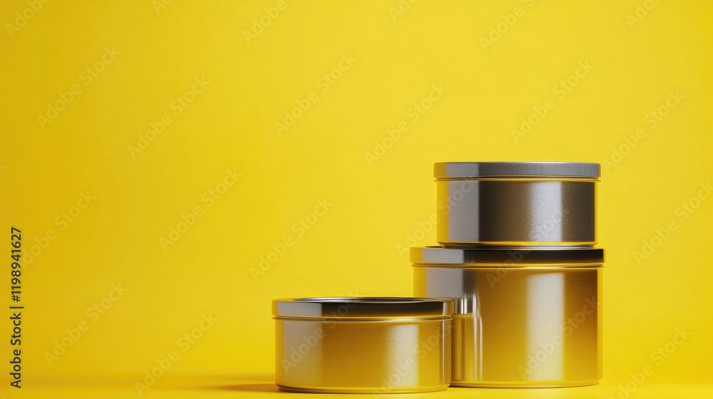 Poster three metallic storage cans stacked on a bright yellow background with ample copy space for text ins