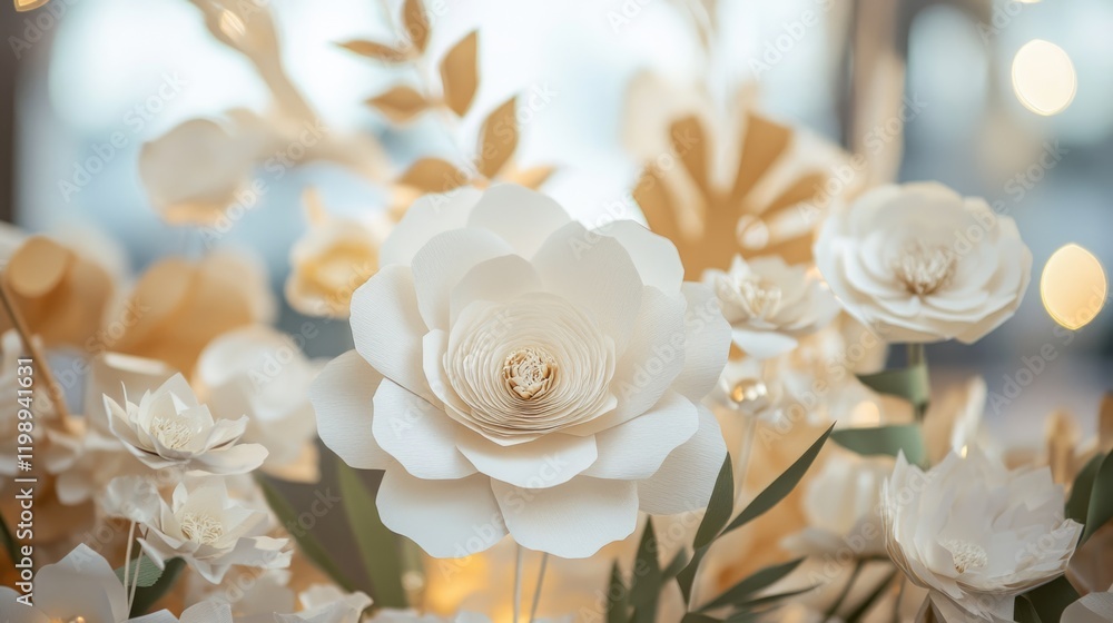 Poster white and gold paper flowers arrangement with blurred background and soft bokeh copy space