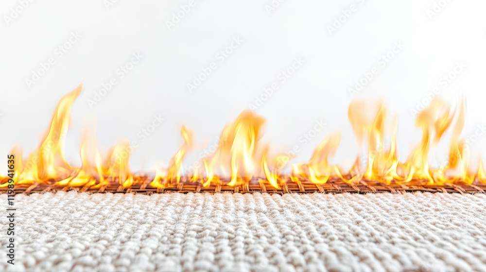 Poster fire flames burning on a textured surface with white background and copy space for text insertion.