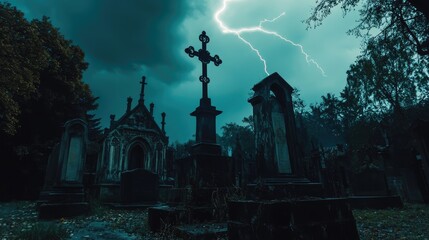 Fototapeta premium Gothic cemetery under stormy sky with lightning bolts and visible tombstones in dark atmosphere Copy Space