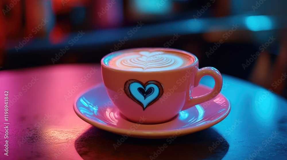 Poster coffee cup with heart design on saucer and latte art on top against colorful blurred background with