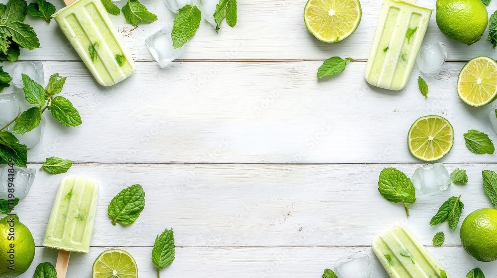 Poster fresh lime and mint popsicles with lime slices and mint leaves arranged on a wooden background with 