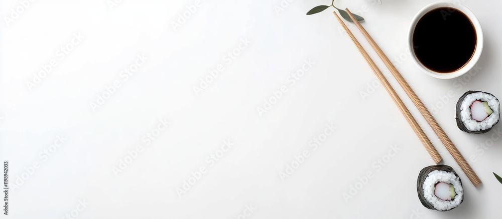 Poster sushi rolls with chopsticks and soy sauce on a white background with copy space for text or advertis