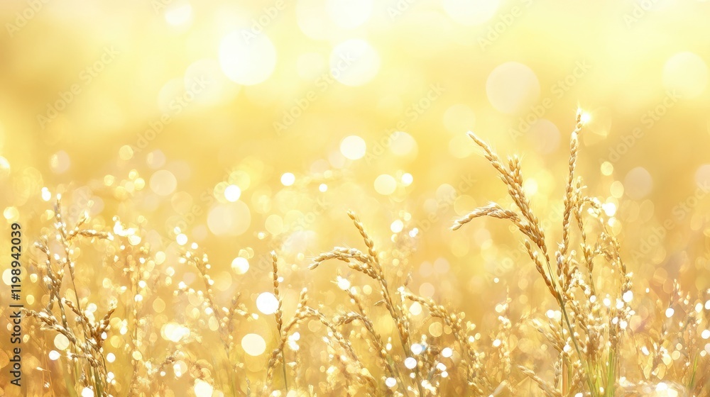 Poster golden wheat field with blurred bokeh effect and sunlight during early morning, ideal for background