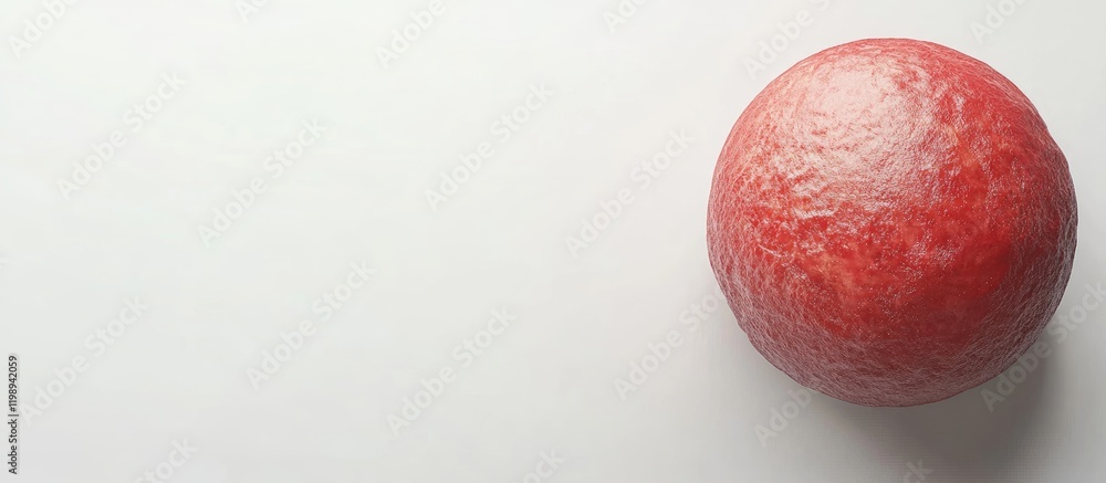 Poster red textured spherical object on white background with copy space for text placement.