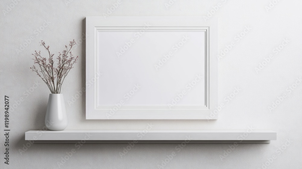 Poster empty white frame on a minimalist shelf with a vase and dried flowers against a light background cop