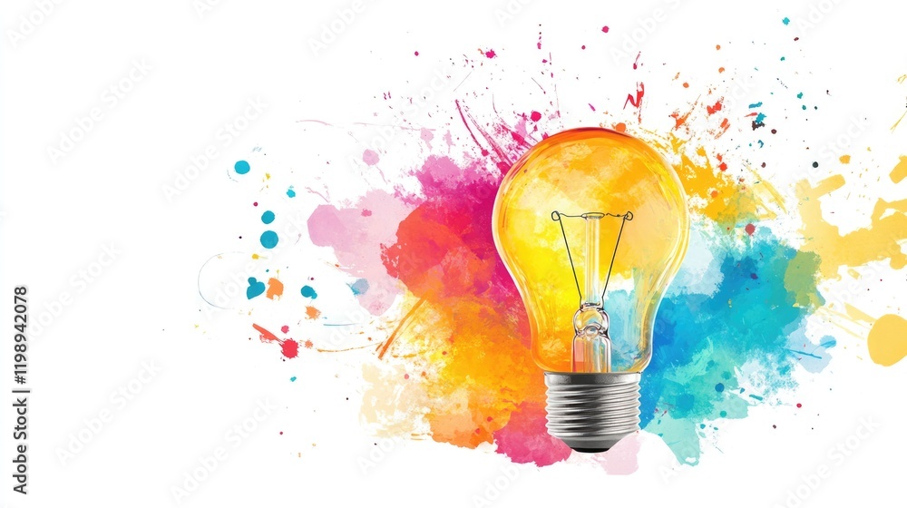 Poster colorful light bulb with paint splashes on a white background featuring ample copy space for text pl