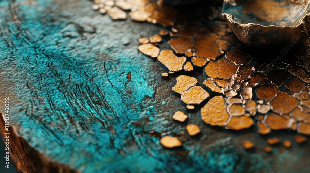 Poster textured abstract background with turquoise and gold elements, featuring organic shapes and patterns