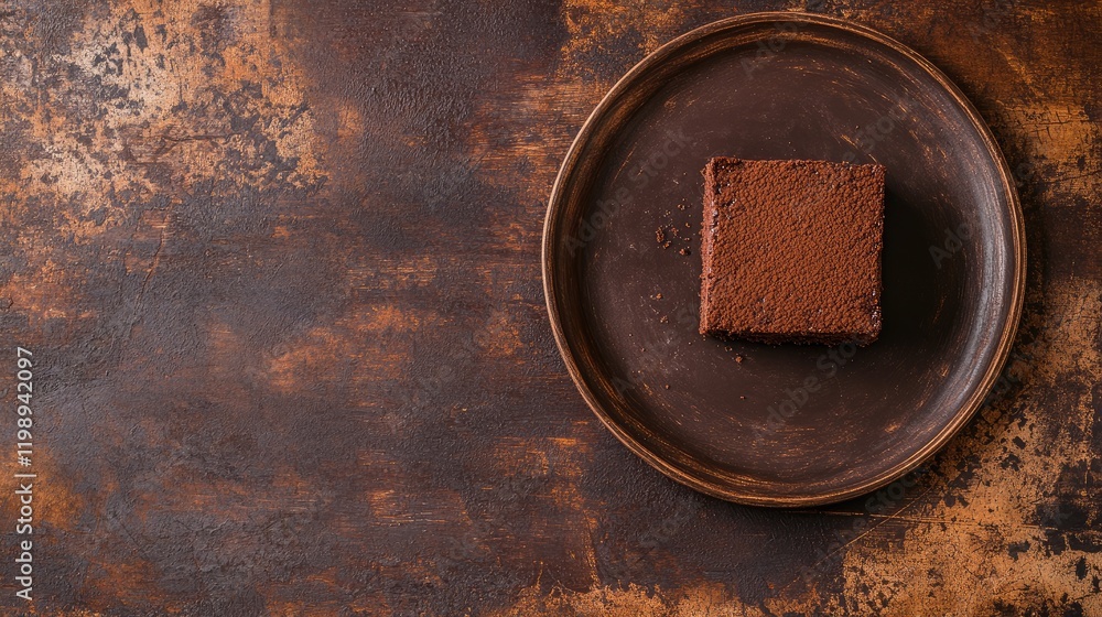 Poster chocolate dessert square on rustic plate with textured background and ample copy space for text plac