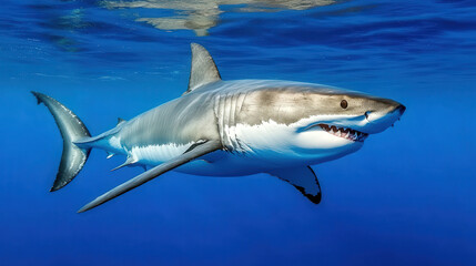 Fototapeta premium great white shark swimming gracefully in clear blue ocean water, showcasing its powerful body and sharp teeth. This majestic predator embodies beauty and danger of marine life
