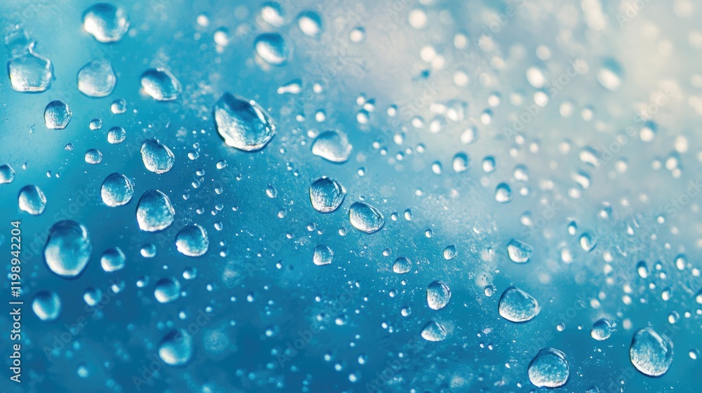 Poster close-up of water droplets on a blue glass surface with blurred background and copy space for text p